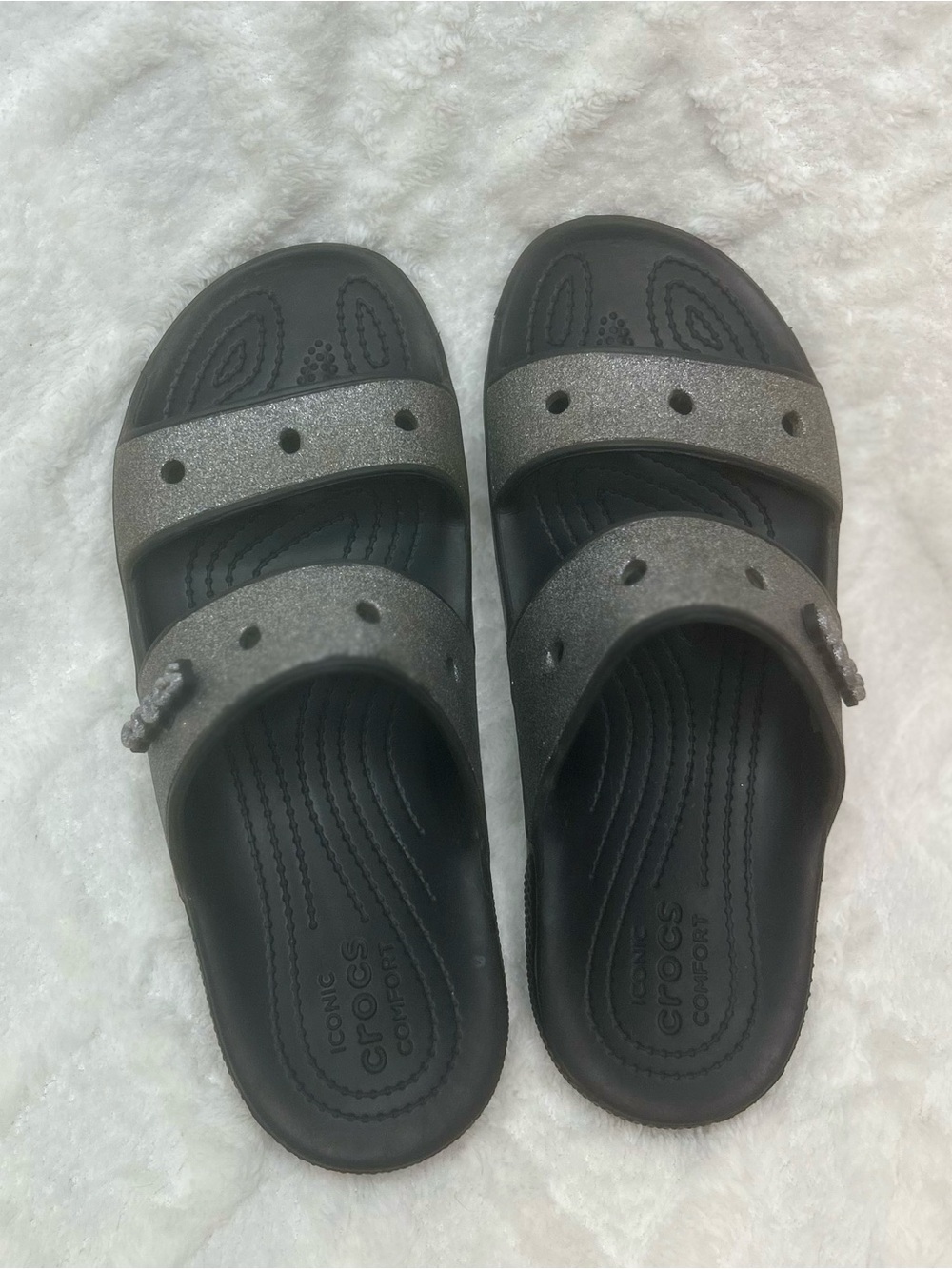 CROCS Women’s Black Slide Sandals with Silver Glitter Straps
